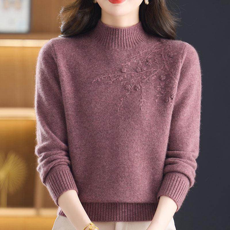 大码中年妈妈100%羊绒毛衣女提花秋冬半高领针织衫女纯色上衣加厚,淘宝优惠券,粉丝福利购,淘宝优惠卷