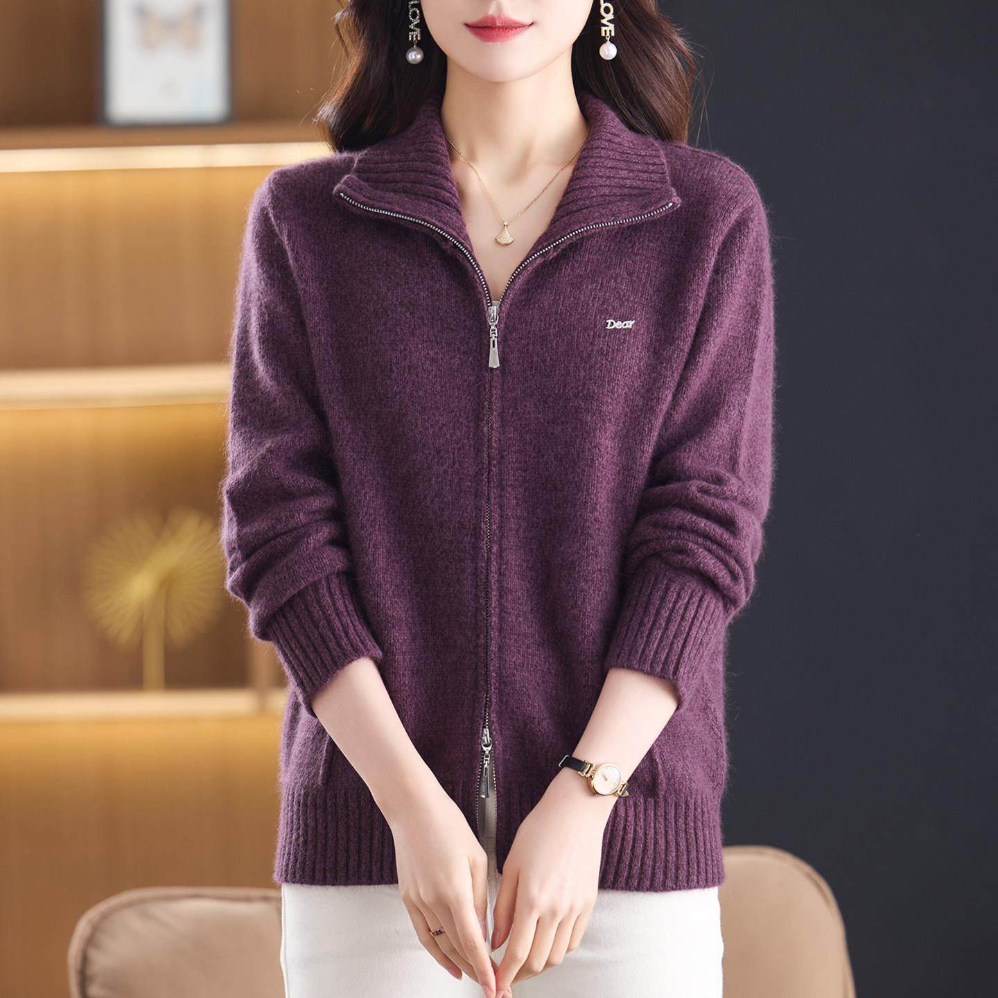 高端100%纯羊毛开衫女加厚秋冬2025新款拉链翻领保暖妈妈毛衣外套,淘宝优惠券,粉丝福利购,淘宝优惠卷