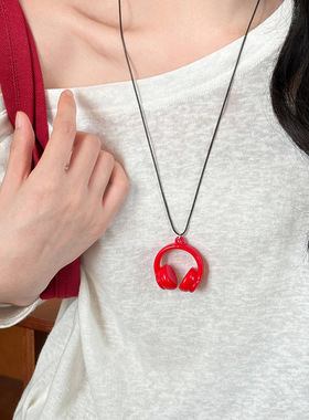 黑色耳机吊坠项链女ins风高级感长款挂脖毛衣链2025新款小众配饰