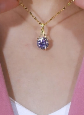 紫色锆石水晶钛钢项链女锁骨链