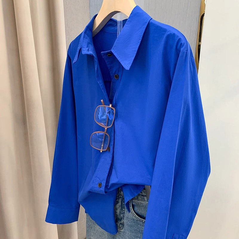 休闲风深蓝色长袖衬衫女宽松POLO领通勤穿搭高级感时尚上衣薄外套,淘宝优惠券,粉丝福利购,淘宝优惠卷
