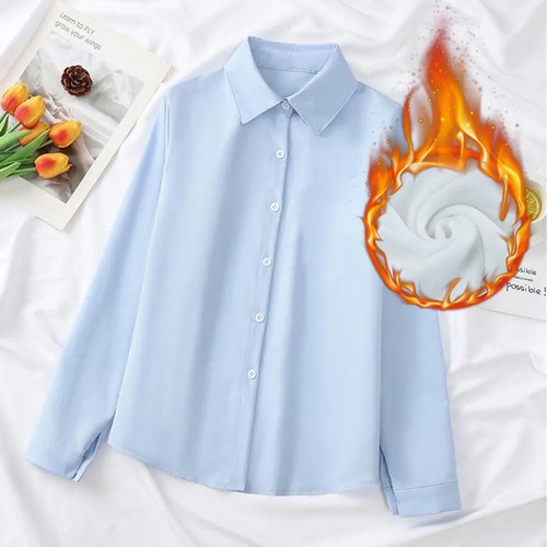 秋冬季加绒高级感V领白色衬衫女长袖内搭叠穿职业装通勤极简衬衣 - 图3