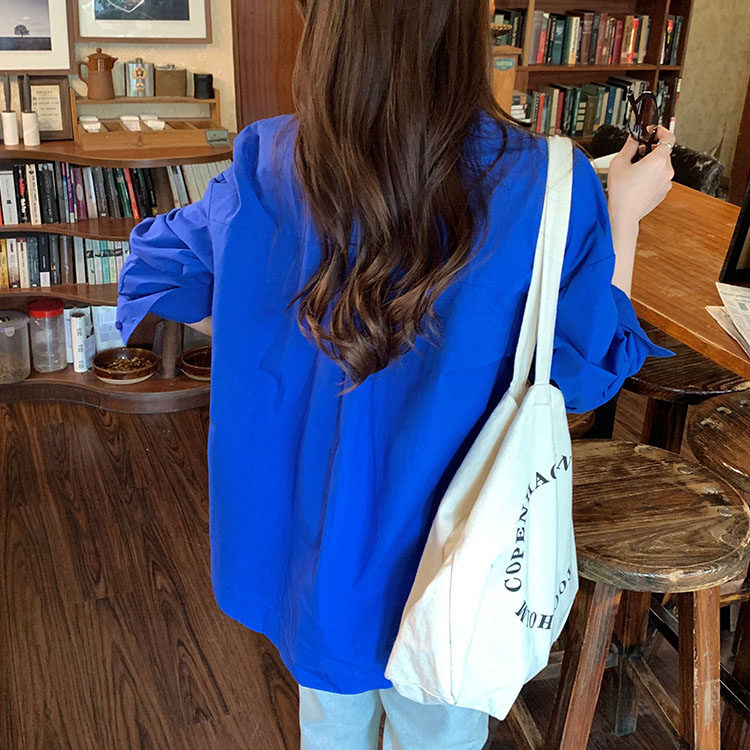 秋冬克莱因蓝色长袖衬衫女别致宝蓝色小清新气质时尚优雅休闲衬衣