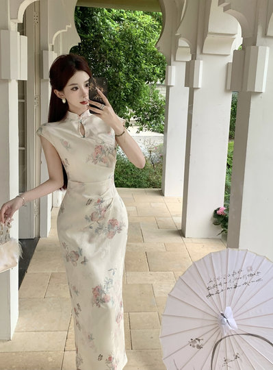 Mimo dk新中式缎面提花改良旗袍年轻显瘦显白开叉连衣裙女夏长裙