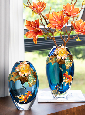 中式轻奢珐琅彩透明玻璃插花瓶高级感客厅桌面摆件艺术装饰鲜花器