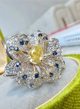 高级感彩宝黄钻水滴型戒指女开口满钻冷淡风小众设计气质百搭手饰