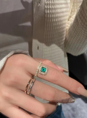 高级感复古镀18k黄金祖母绿戒指女两件套戒指开口可调节气质百搭
