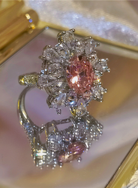 超闪彩宝粉钻戒指女开口ins轻奢冷淡风小众设计时尚个性百搭指环