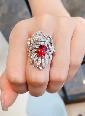 璀璨鸽血红宝石彩宝戒指女开口微镶满钻ins奢华优雅百搭网红指环