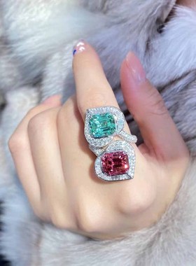 高级复古祖母绿红宝石彩宝耳环戒指心形开口ins冷淡风小红书爆款