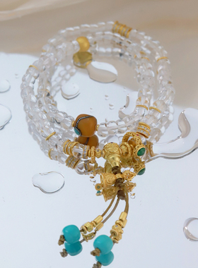 吉盟珠宝古法银白水晶双层手链女蜜蜡大肠珠手串文玩国潮新中式