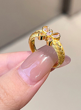5D点钻黄金戒指足金999拉丝蝴蝶