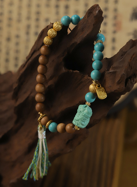 吉盟珠宝古法银老山檀藏式手串女扎基拉姆美松石手链新中式国潮