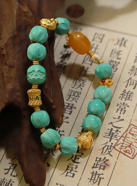 吉盟珠宝古法银黄财神手串美松石百香籽蜜蜡手链女新中式国潮