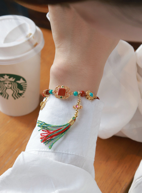 吉盟珠宝古法银南红玛瑙手串女手工编绳藏式文玩手链新中式国潮