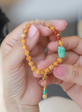 吉盟珠宝古法银蜜蜡手串女款美松扎基拉姆转运珠手链新中式国潮