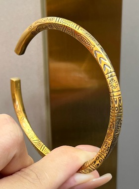 吉盟珠宝黄金开口莫比乌斯手镯维京图案电黑工艺足金999女款送礼