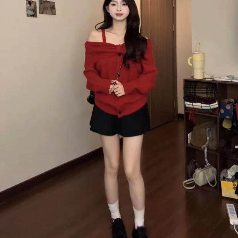 微胖MM红色针织衫女2025冬新款慵懒风露肩气质高级感长袖套头毛衣,淘宝优惠券,粉丝福利购,淘宝优惠卷