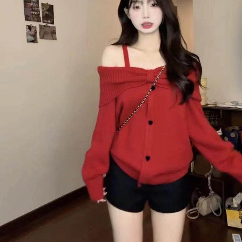 微胖MM红色针织衫女2025冬新款慵懒风露肩气质高级感长袖套头毛衣,淘宝优惠券,粉丝福利购,淘宝优惠卷