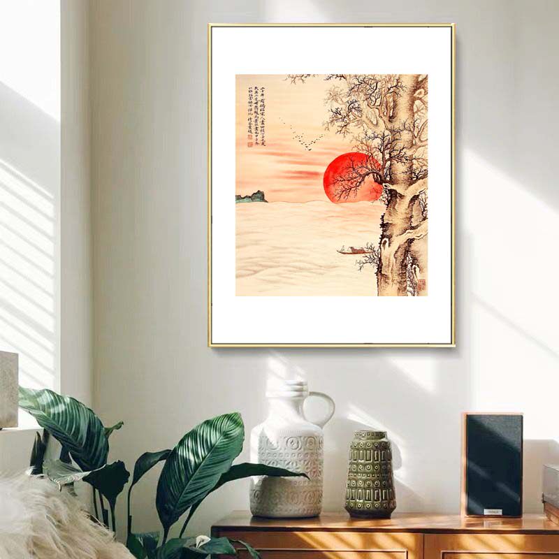 风水画旭日东升风景挂画玄关走廊过道入户门厅壁画新中式风格墙画_虎窝淘