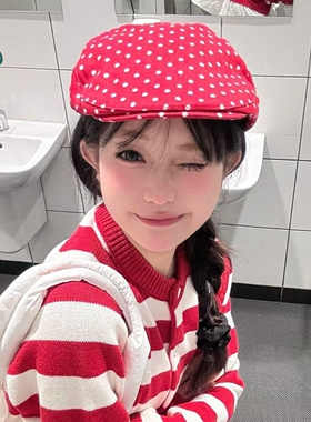 韩系甜美百搭红色波点前进帽女秋