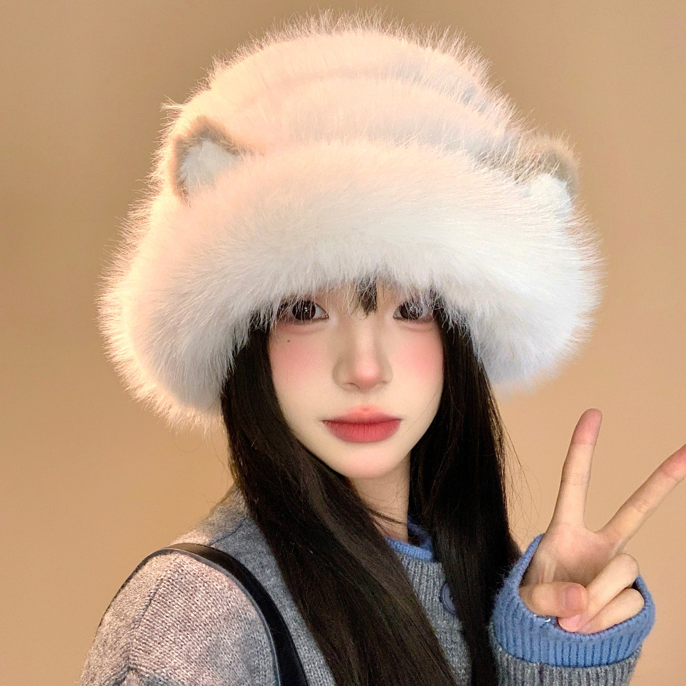 可爱毛绒猫咪耳朵渔夫帽女冬季2025新款防寒保暖帽子大头围盆帽,淘宝优惠券,粉丝福利购,淘宝优惠卷