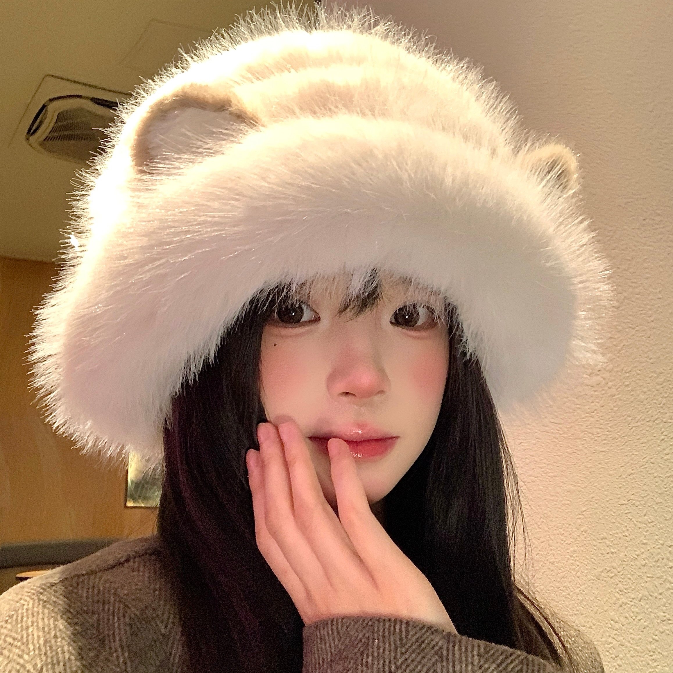 可爱猫咪耳朵渔夫帽女冬季2025新款防寒保暖毛绒帽子大头围盆帽,淘宝优惠券,粉丝福利购,淘宝优惠卷