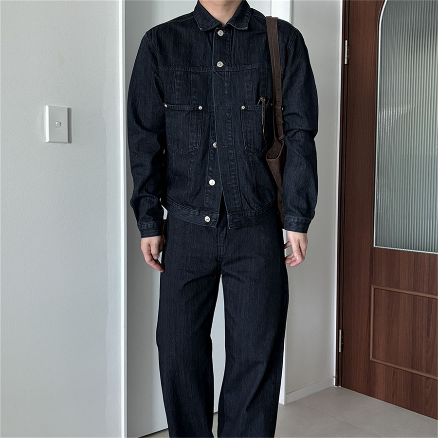 MRDONG韩国男装代购高档条纹丹宁重工翻领牛仔夹克外套牛仔裤套装 - 图0