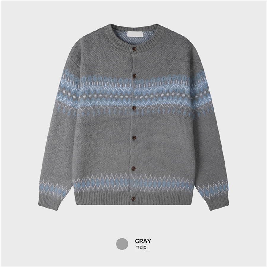 MRDONG韩国男装代购北欧风几何条纹休闲圆领短款系扣针织开衫毛衣 - 图3