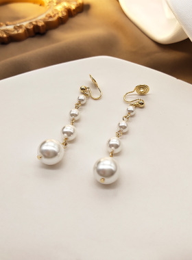晚风先生长款珍珠耳环女大气无耳洞蚊香盘耳夹通勤简约百搭耳饰品