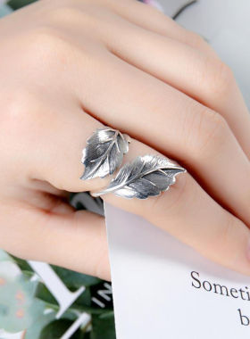 S925纯银手工复古泰银树叶子戒指个性夸张时尚宽面女食指开口指环