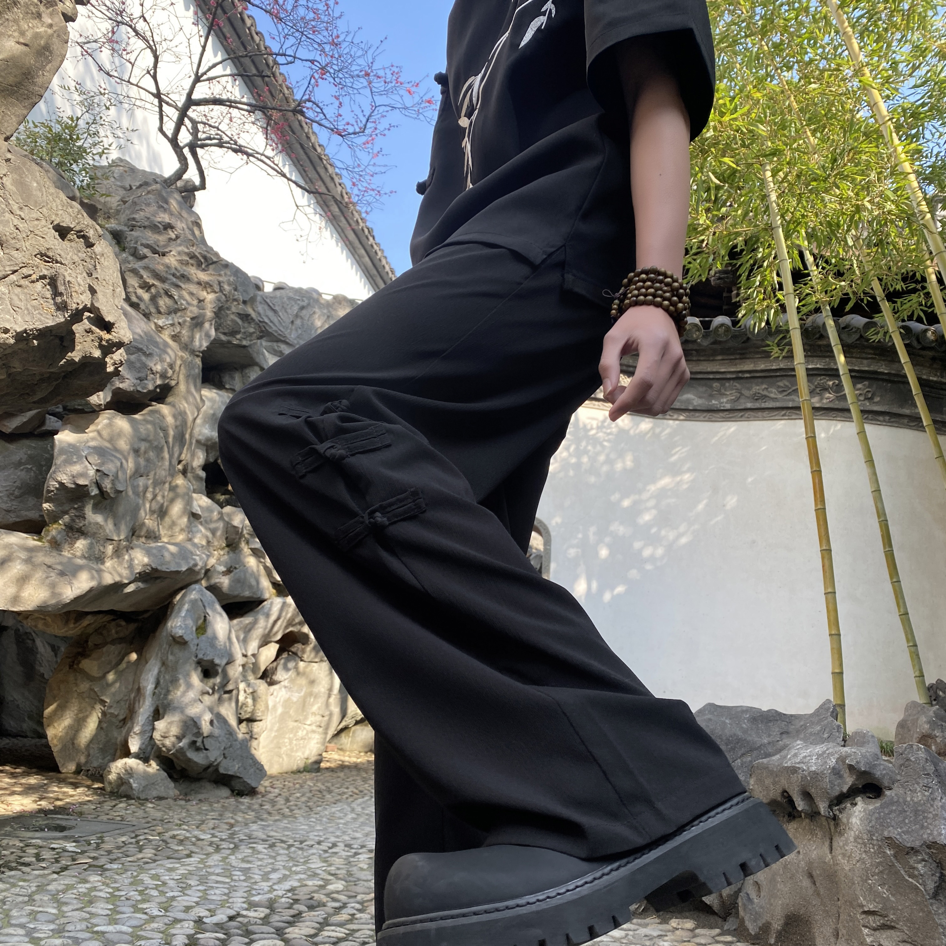 新中式国风盘扣裤子男士夏季新款高级感垂感宽松直筒阔腿休闲裤男-图0