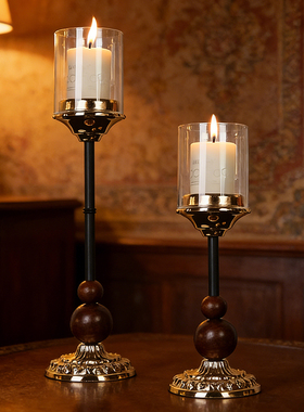法式复古黑色金属玻璃烛台摆件