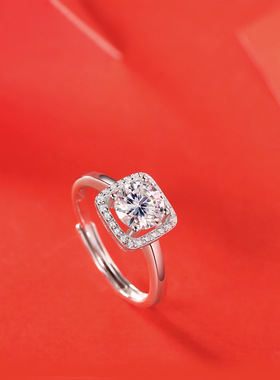 小方糖戒指爆闪女士莫桑石戒指活口可调纯银女戒结婚节假日送女友