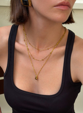 欧美饰品304不锈钢ins水滴吊坠项链 叠戴18K金圆球细链锁骨链