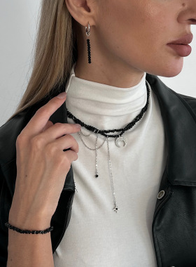 欧美饰品 甜酷风ins弯月吊坠项链 嘻哈高级感水晶串珠锁骨链