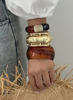 不规则树脂手镯小众设计欧美夸张中古饰品高级感金色宽面手饰