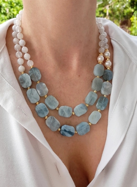 欧美夸张天然石多层不定形项链个性高级感轻奢重工锁骨链跨境女配