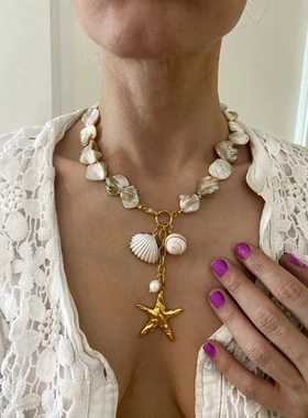 欧美ins夸张不规则贝壳五角星项链锁骨链项链new   shell