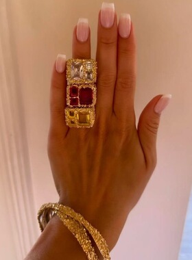 欧美几何闪钻戒指女复古优雅气质锡纸纹路开口指环食指戒首饰