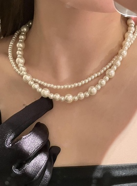 韩国ins博主同款时尚法式复古温柔高亮珍珠多层串珠项链锁骨链