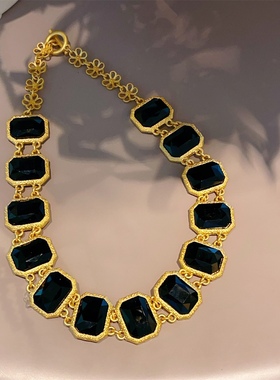 重工中古vintage黑玛瑙几何形宝石项链复古夸张耳环套装高档饰品