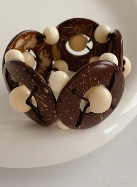 圆形椰子壳木珠串珠弹力手链波西米亚复古个性手环小众高级感手饰