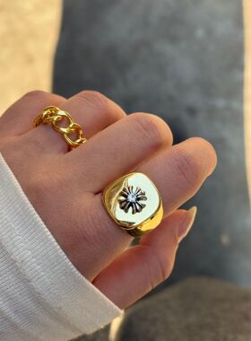 欧美极简ins风金色银色麻花开口镂空十字架戒指简约光面活口戒指