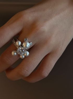 小众设计感闪亮锆石珍珠可爱小熊戒指轻奢个性高级感开口戒指指环