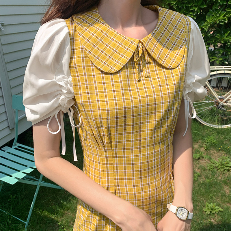 毛菇小象泡泡袖格子女2020连衣裙 毛菇小象连衣裙