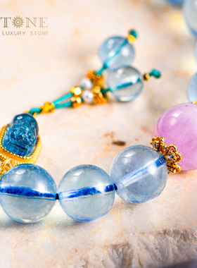 海蓝宝手串天然蓝宝石水晶手链散珠串珠女蓝晶石蓝色高级感普琳丝