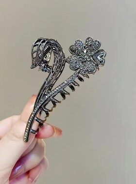 复古枪黑色花朵发夹高级感水钻发