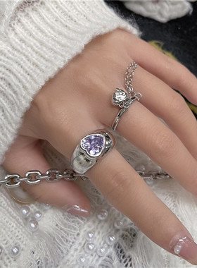 紫色锆石爱心叠戴金属链条戒指