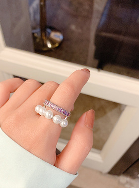 双层珍珠紫钻韩版时尚风戒指